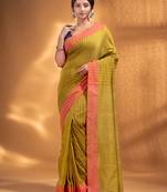 Lime Green Cotton  handwoven soft Saree with zari pallu
