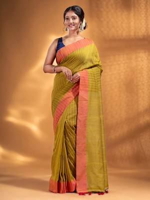 Lime Green Cotton  handwoven soft Saree with zari pallu 2