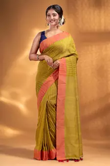 Lime Green Cotton  handwoven soft Saree with zari pallu