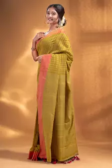 Lime Green Cotton  handwoven soft Saree with zari pallu