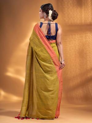 Lime Green Cotton  handwoven soft Saree with zari pallu 4
