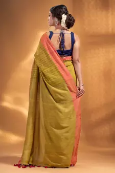 Lime Green Cotton  handwoven soft Saree with zari pallu