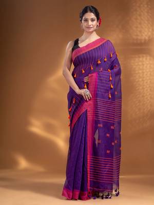 Purple Cotton Blend handwoven soft Saree with pom pom 1