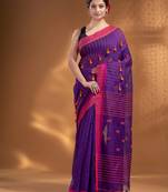 Purple Cotton Blend handwoven soft Saree with pom pom