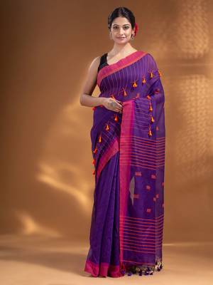 Purple Cotton Blend handwoven soft Saree with pom pom 2