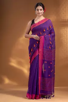 Purple Cotton Blend handwoven soft Saree with pom pom