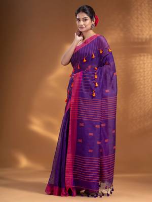 Purple Cotton Blend handwoven soft Saree with pom pom 3