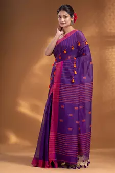 Purple Cotton Blend handwoven soft Saree with pom pom