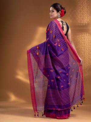 Purple Cotton Blend handwoven soft Saree with pom pom 4