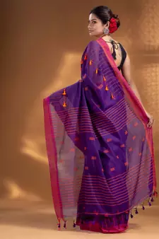 Purple Cotton Blend handwoven soft Saree with pom pom