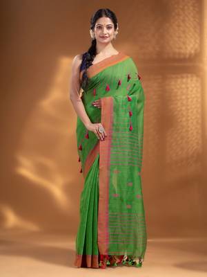 Green Cotton Blend handwoven soft Saree with pom pom 1