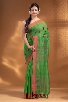 Green Cotton Blend handwoven soft Saree with pom pom