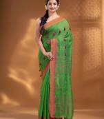Green Cotton Blend handwoven soft Saree with pom pom