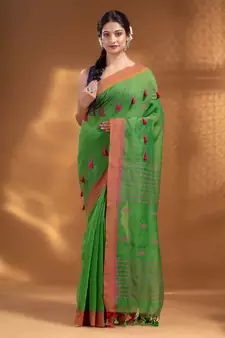 Green Cotton Blend handwoven soft Saree with pom pom
