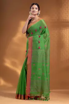 Green Cotton Blend handwoven soft Saree with pom pom