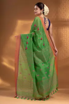 Green Cotton Blend handwoven soft Saree with pom pom