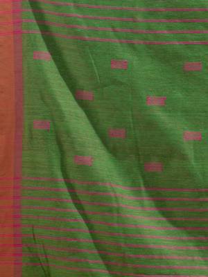 Green Cotton Blend handwoven soft Saree with pom pom 5