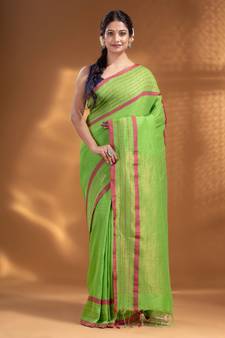 Green Pure Cotton handwoven soft Saree with zari pallu