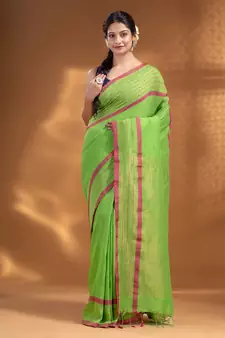 Green Pure Cotton handwoven soft Saree with zari pallu