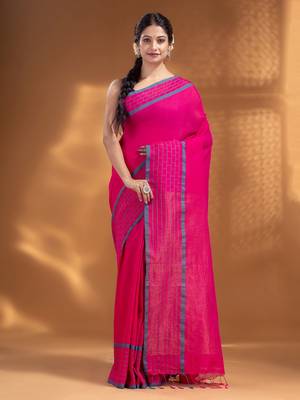 Fuchsia Pure Cotton handwoven soft Saree with zari pallu 1