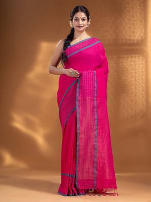 Fuchsia Pure Cotton handwoven soft Saree with zari pallu 2