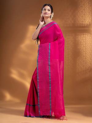 Fuchsia Pure Cotton handwoven soft Saree with zari pallu 3