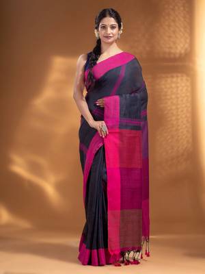 Dark Grey Pure Cotton Woven Design soft Saree 1