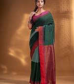 Bottol Green Pure Cotton handwoven soft Saree with zari pallu