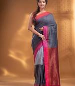 Grey Pure Cotton handwoven soft Saree with zari pallu