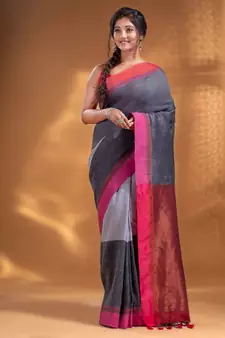 Grey Pure Cotton handwoven soft Saree with zari pallu
