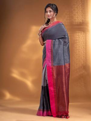 Grey Pure Cotton handwoven soft Saree with zari pallu 3