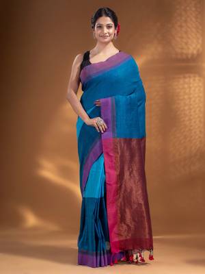 Sapphire Blue Pure Cotton handwoven soft Saree with zari pallu 1