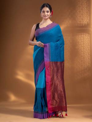 Sapphire Blue Pure Cotton handwoven soft Saree with zari pallu 2