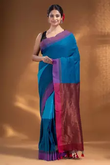 Sapphire Blue Pure Cotton handwoven soft Saree with zari pallu