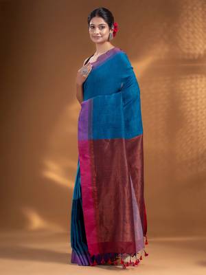 Sapphire Blue Pure Cotton handwoven soft Saree with zari pallu 3