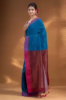 Sapphire Blue Pure Cotton handwoven soft Saree with zari pallu
