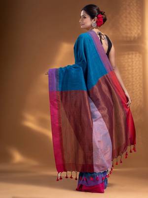 Sapphire Blue Pure Cotton handwoven soft Saree with zari pallu 4