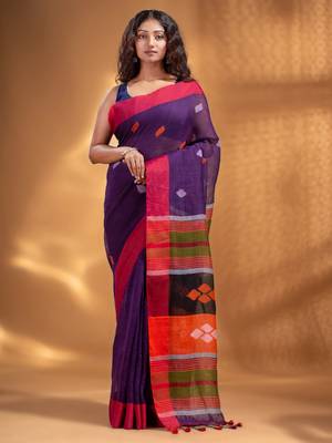 Purple Linen handwoven soft Saree with woven design 1