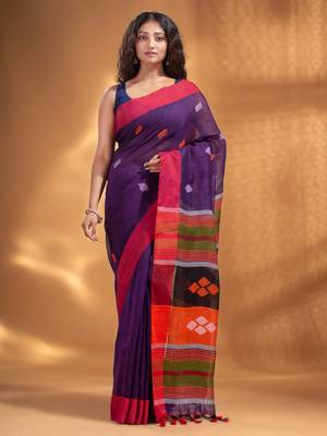 Purple Linen handwoven soft Saree with woven design 2