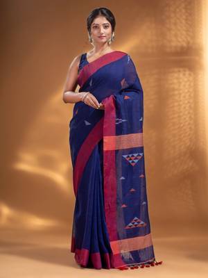 Blue Linen handwoven soft Saree with texture design 1