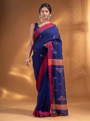Blue Linen handwoven soft Saree with texture design 2