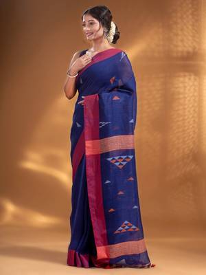 Blue Linen handwoven soft Saree with texture design 3