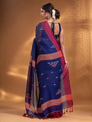 Blue Linen handwoven soft Saree with texture design 4