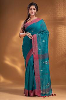 Teal Linen handwoven soft Saree with texture design