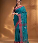 Teal Linen handwoven soft Saree with texture design