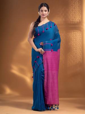 Blue Pure Cotton handwoven soft Saree with pom pom pallu 1