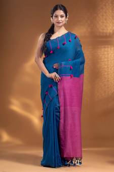 Blue Pure Cotton handwoven soft Saree with pom pom pallu