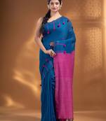 Blue Pure Cotton handwoven soft Saree with pom pom pallu