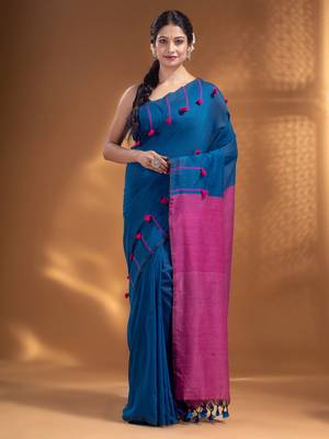 Blue Pure Cotton handwoven soft Saree with pom pom pallu 2