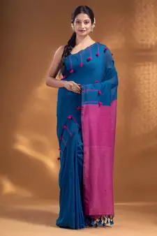 Blue Pure Cotton handwoven soft Saree with pom pom pallu